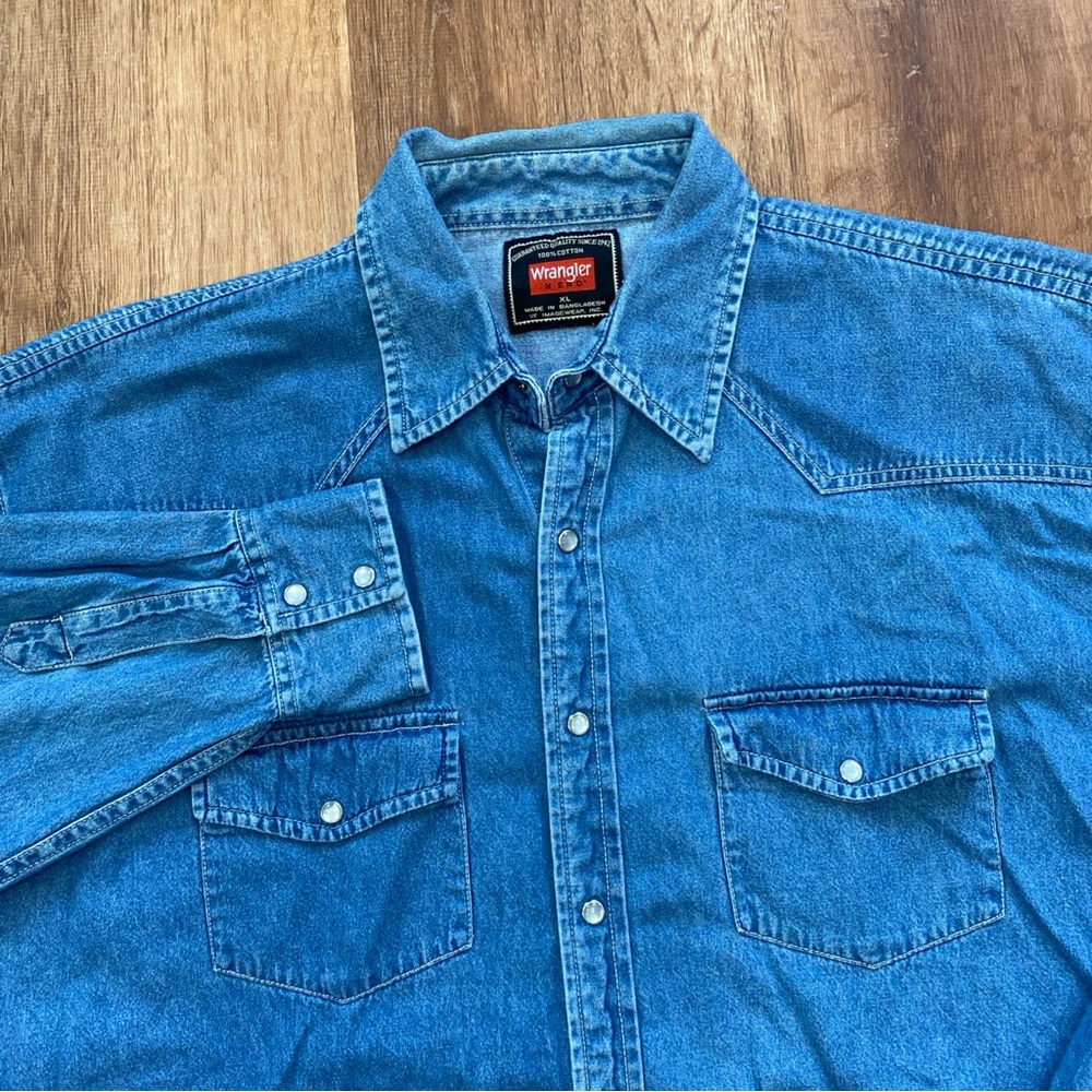 Wrangler Hero Denim Pearl Snap Shirt Mens XL Blue Western Rodeo Jean